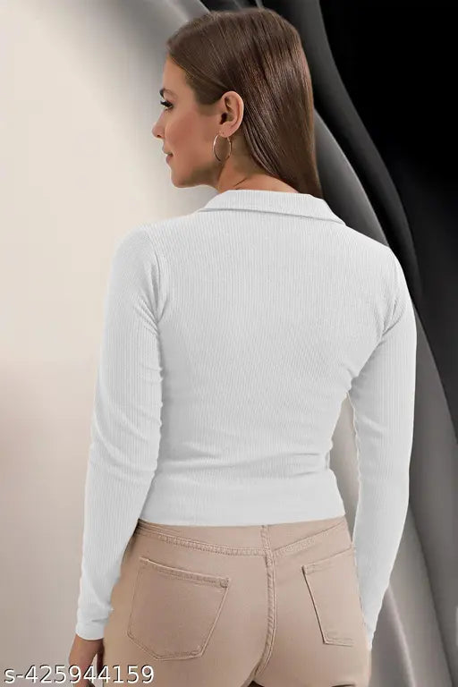 Casual Polyester Blend Ribbed Collar V-Neck & Regular Long Sleeves Stylish Coffee Top (20"Inches)
