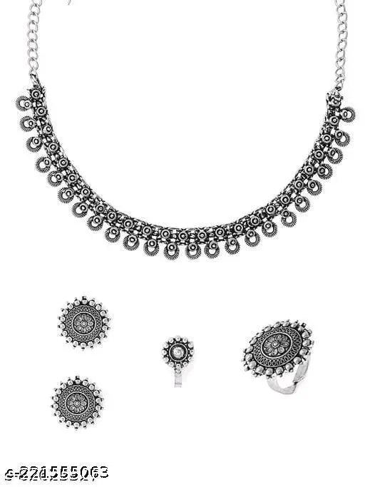 Women's Latest Design Silver Oxidised Necklace Contemporary Design Ethnic Choker Necklace Set with Nose Pin and Earrings