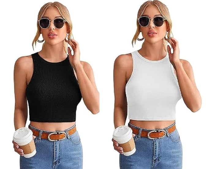 Women's Sleeveless Ribbed Crop Tank Tops – Solid Lycra Western Wear (Pack of 2)