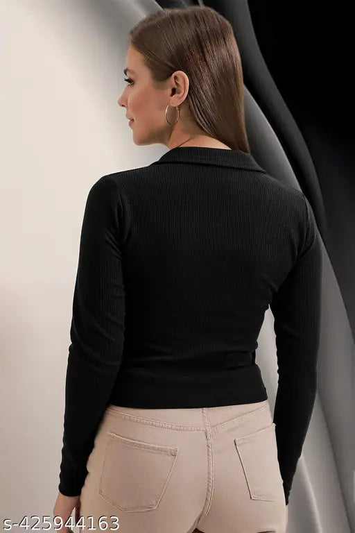 Casual Polyester Blend Ribbed Collar V-Neck & Regular Long Sleeves Stylish Coffee Top (20"Inches)