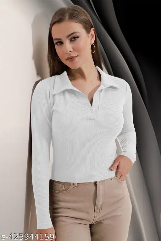 Casual Polyester Blend Ribbed Collar V-Neck & Regular Long Sleeves Stylish Coffee Top (20"Inches)