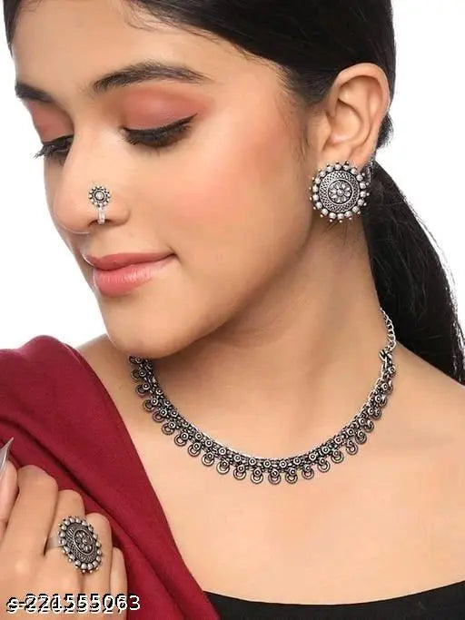 Women's Latest Design Silver Oxidised Necklace Contemporary Design Ethnic Choker Necklace Set with Nose Pin and Earrings