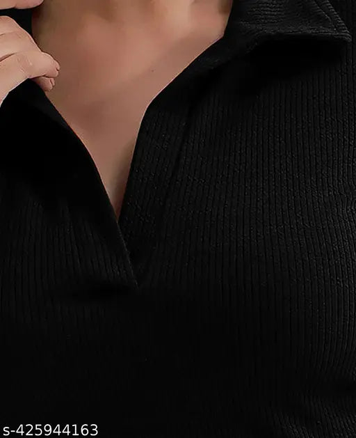 Casual Polyester Blend Ribbed Collar V-Neck & Regular Long Sleeves Stylish Coffee Top (20"Inches)