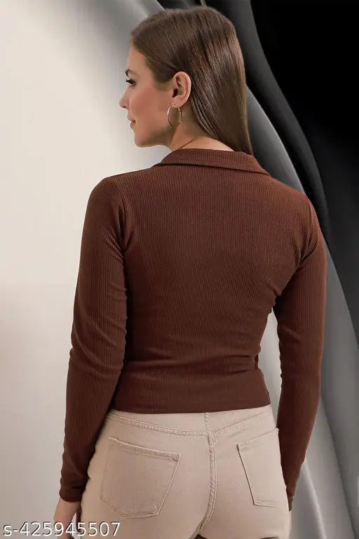 Casual Polyester Blend Ribbed Collar V-Neck & Regular Long Sleeves Stylish Coffee Top (20"Inches)