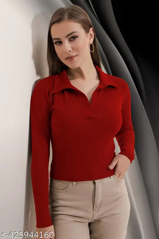 Casual Polyester Blend Ribbed Collar V-Neck & Regular Long Sleeves Stylish Coffee Top (20"Inches)