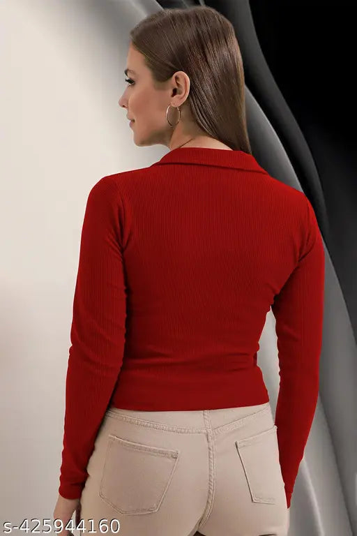 Casual Polyester Blend Ribbed Collar V-Neck & Regular Long Sleeves Stylish Coffee Top (20"Inches)