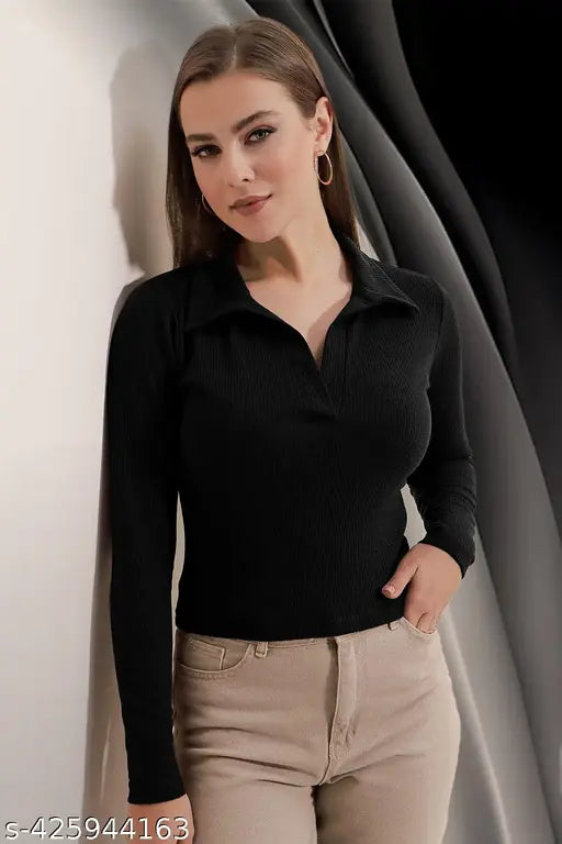 Casual Polyester Blend Ribbed Collar V-Neck & Regular Long Sleeves Stylish Coffee Top (20"Inches)