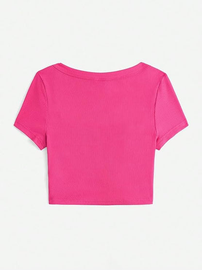 Women's Printed Square Neck Top – Pink Cotton Blend with Short Sleeves