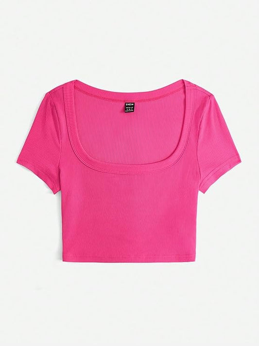 Women's Printed Square Neck Top – Pink Cotton Blend with Short Sleeves