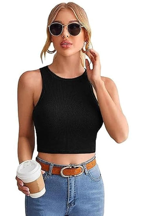 Women's Sleeveless Ribbed Crop Tank Tops – Solid Lycra Western Wear (Pack of 2)
