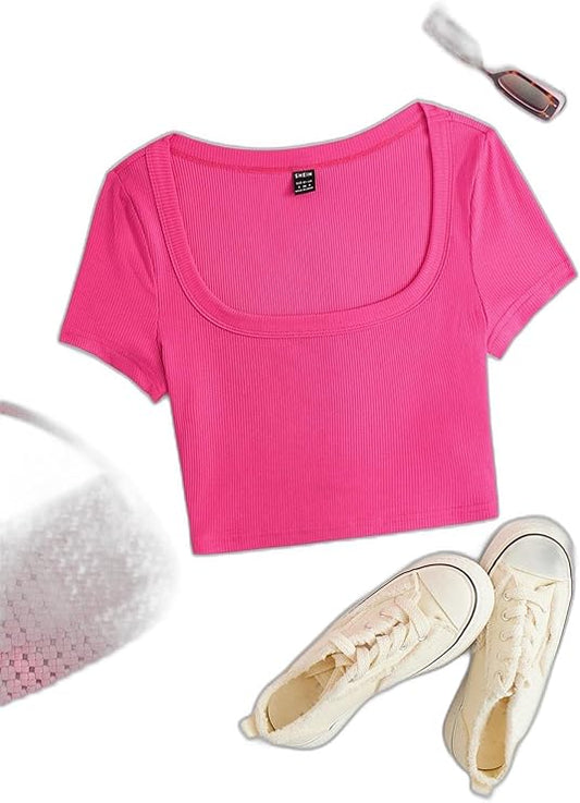 Women's Printed Square Neck Top – Pink Cotton Blend with Short Sleeves