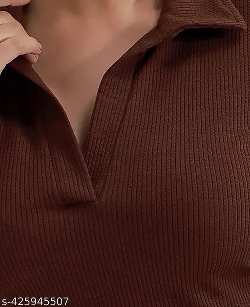 Casual Polyester Blend Ribbed Collar V-Neck & Regular Long Sleeves Stylish Coffee Top (20"Inches)