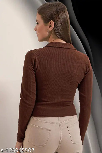 Casual Polyester Blend Ribbed Collar V-Neck & Regular Long Sleeves Stylish Coffee Top (20"Inches)